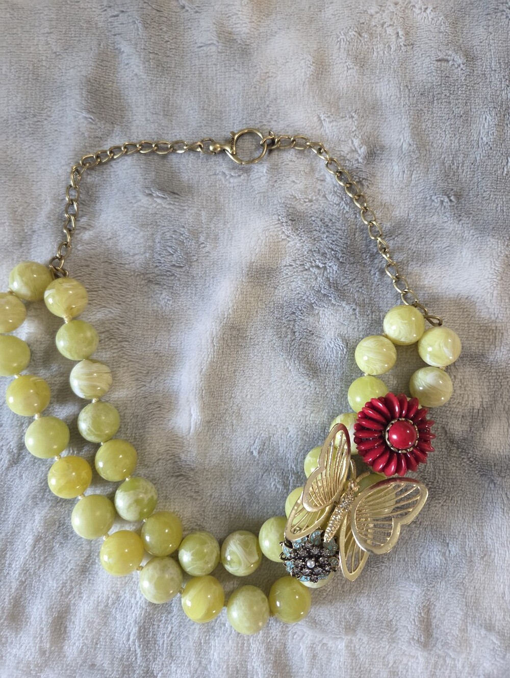 Yellow Beaded Statement Necklace with Red Floral Accent